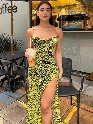 セクシー 背中なし ヒップスプリットドレス ファッション ホッティ レオパード ハルタードレス