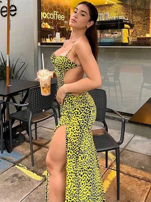 セクシー 背中なし ヒップスプリットドレス ファッション ホッティ レオパード ハルタードレス