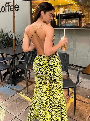 セクシー 背中なし ヒップスプリットドレス ファッション ホッティ レオパード ハルタードレス