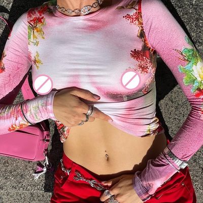 カジュアル 女性 長袖Tシャツ スパイスプリント スリムフィット クルー ネック 長袖 トップ