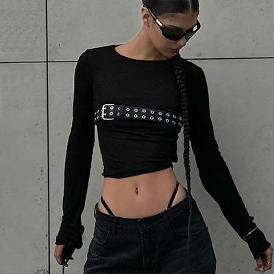 ファッション スパイス セキシー 緊密なTシャツ 丸い首 スリム ロング袖Tシャツ 固いパターン