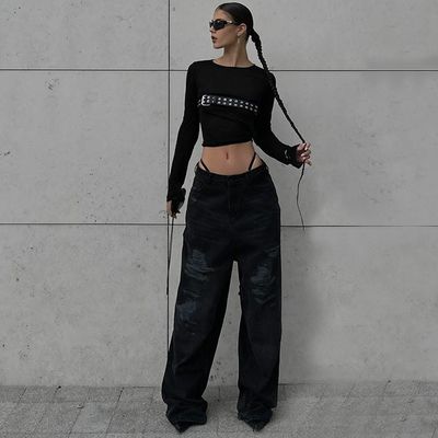 ファッション スパイス セキシー 緊密なTシャツ 丸い首 スリム ロング袖Tシャツ 固いパターン