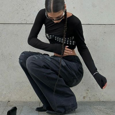 ファッション スパイス セキシー 緊密なTシャツ 丸い首 スリム ロング袖Tシャツ 固いパターン