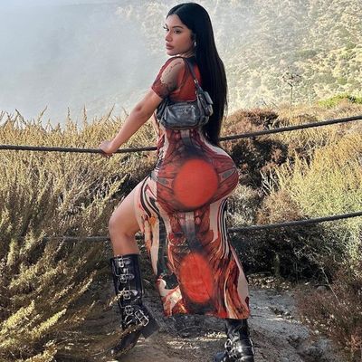 セクシープリント スリム スリット 丸い首 短袖ドレス カスタマイズ