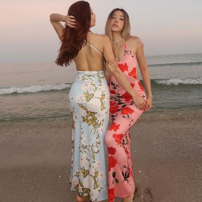 夏のスタイリッシュ レディースドレス プリント セクシー バックレス U ネック スリム ハータードレス