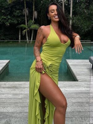 カスタム 春と夏の新しいファッション セクシー 固体色 スリム 高い腰 Vネック ハルタードレス 女性