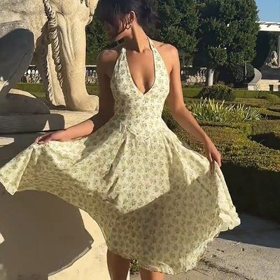 オーダーメイド 女性の夏の甘い風 背筋なしのハルター ファッション 花のパターン コルセット スカートドレス