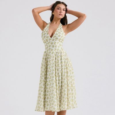 オーダーメイド 女性の夏の甘い風 背筋なしのハルター ファッション 花のパターン コルセット スカートドレス