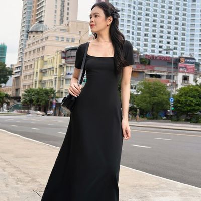 ファッションストリート写真 スリム 固体色 U - ネック 短袖ドレス