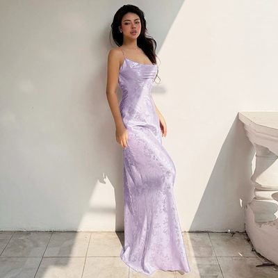 女性の夏の新しいセクシーライン ネック フランススタイル サテン 背中なし ロング ハルタードレス