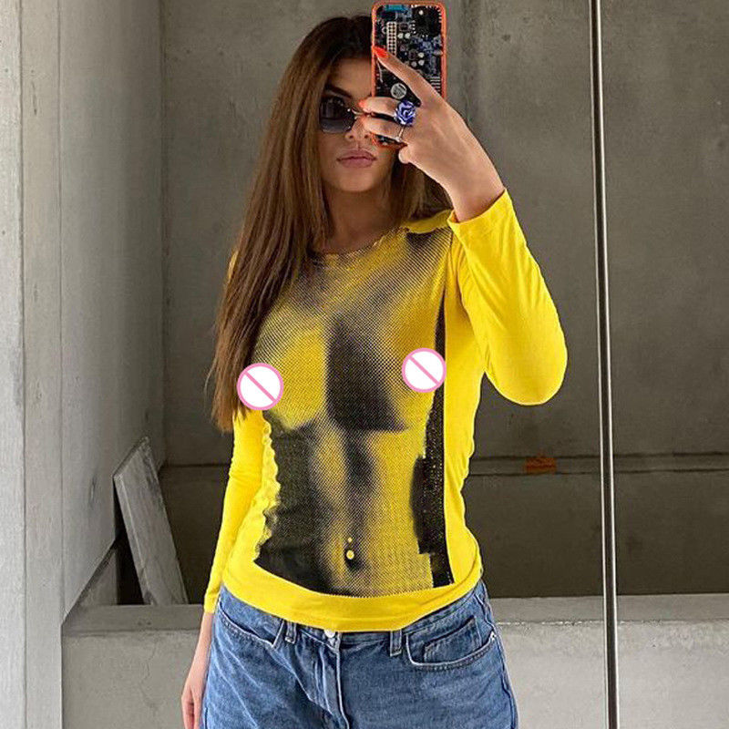 デジタルプリント デカルTシャツ ファッションプリント オールマッチ ロングスリーブ クロップTシャツ