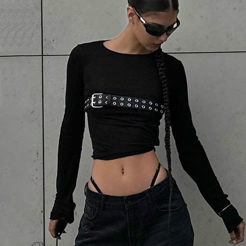 ファッション スパイス セキシー 緊密なTシャツ 丸い首 スリム ロング袖Tシャツ 固いパターン